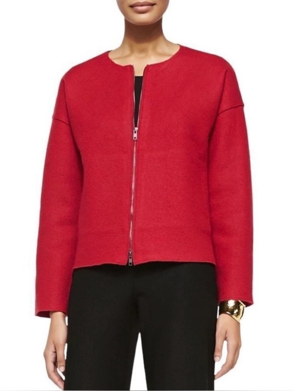 Eileen Fisher Boiled Wool Red Zip Short Round Neck Jacket